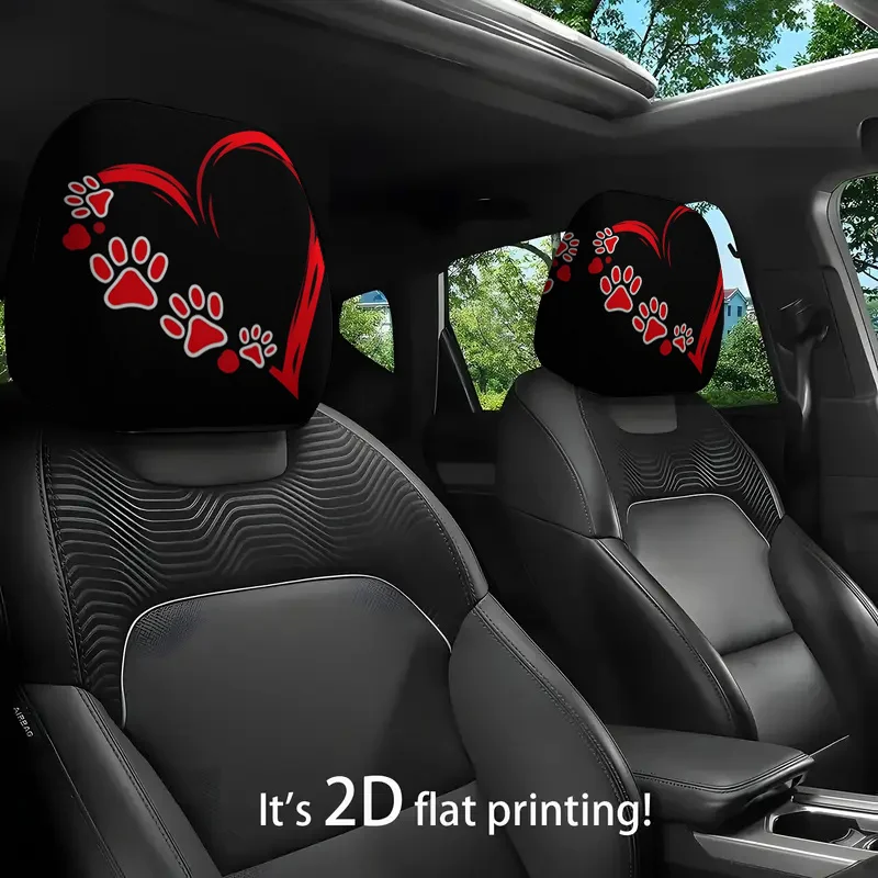 Red Heart Paw Print Car Headrest Cover | 2D Flat Printing,, Universally Applicable, Ideal for Travel, Daily Commute