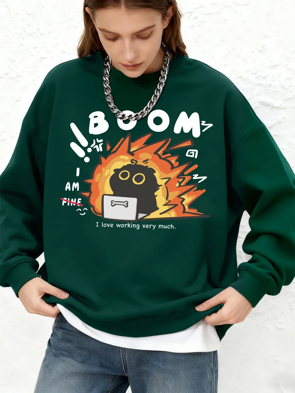 

Толстовка с принтом «Я люблю рабочий кот», женские осенние толстовки с круглым вырезом и длинными рукавами, базовые топы для бега больших размеров, теплая женская одежда