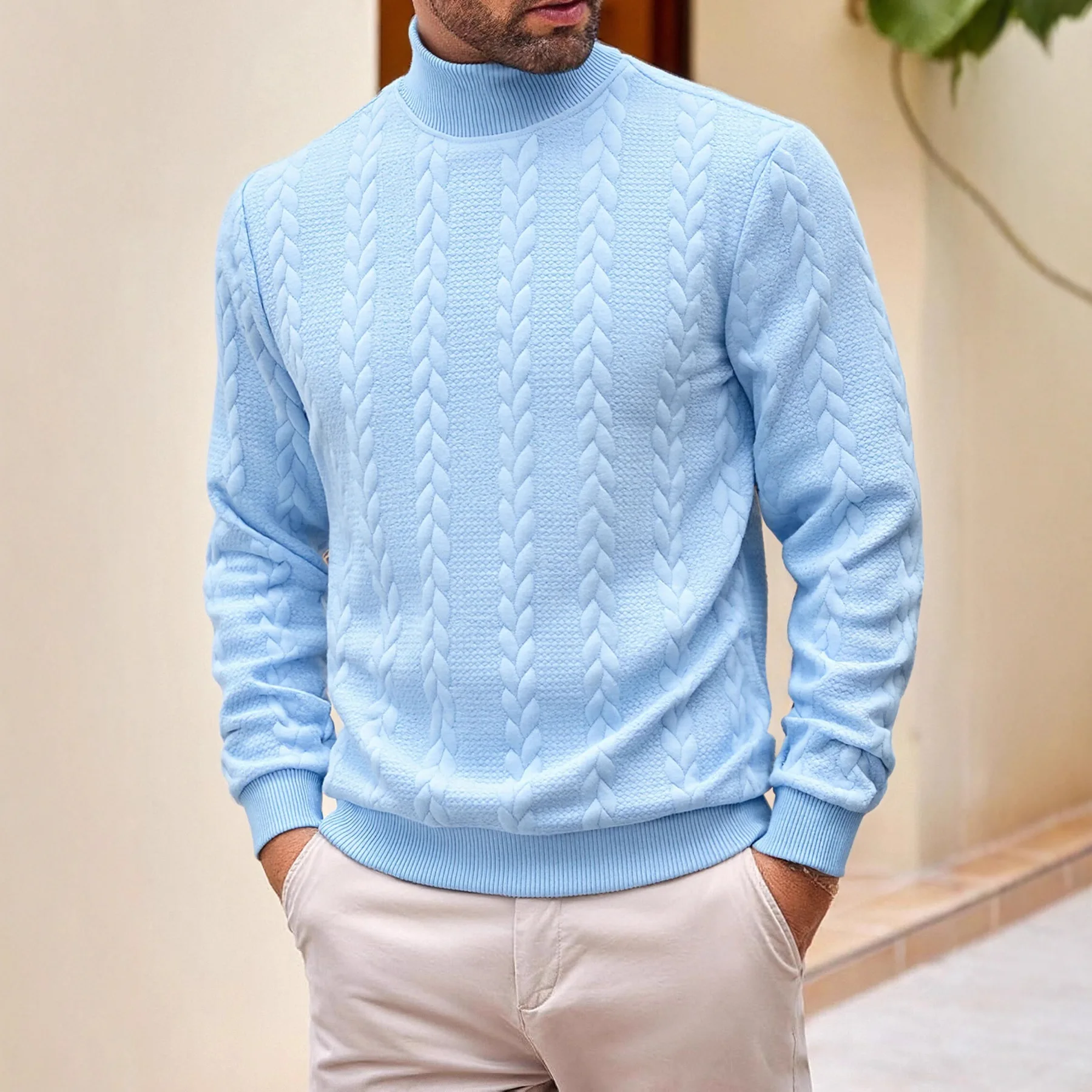 

Autumn and Winter Sweater Knitted Sweater Daily Solid Color Fashion Jacquard Turtleneck Warm Sweater Men