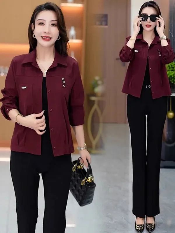 

Тонкий однотонный топ с откидным воротником для похудения, топ для женщин среднего возраста, длинная верхняя одежда све irt, осеннее новое пальто для мамы