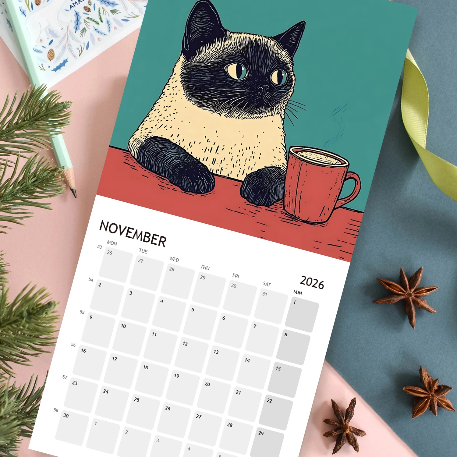 2026 ปฏิทินผนังแมว Creative Hangable 12 เดือนรายวันรายสัปดาห์รายเดือน Agenda Organizer ปฏิทินสําหรับ Home Office Decor
