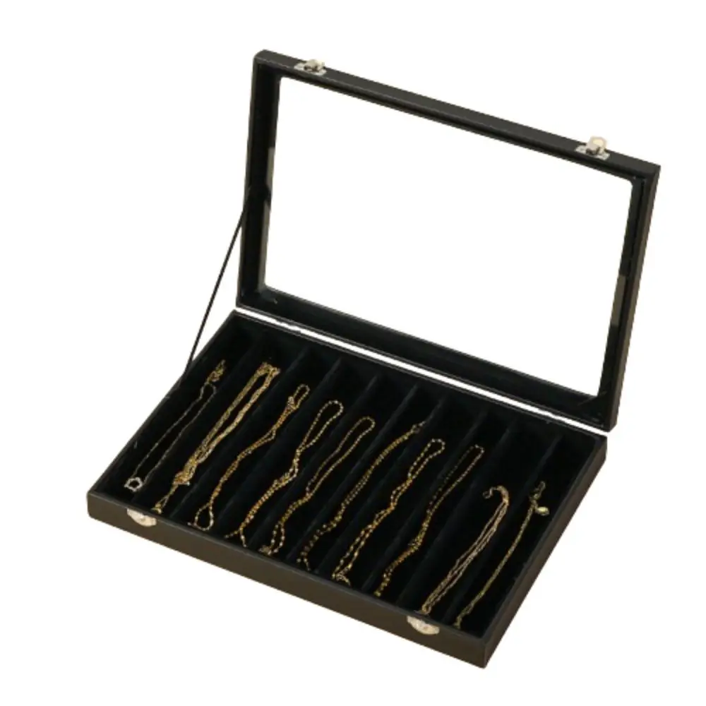 

Velvet Fabric Jewelry Storage Tray Solid Color Wooden Long Necklace Box Glass Lid Large Capacity Necklace Organizer Container