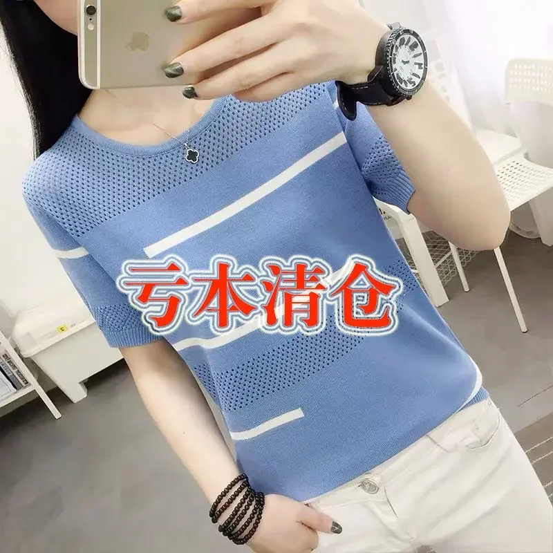 Woman Tshirts Women\'s Short-Sleeved T-shirt Summer Stripes Hollow Sweater round Neck Top Does Not Fade Tops Mujer Camisetas