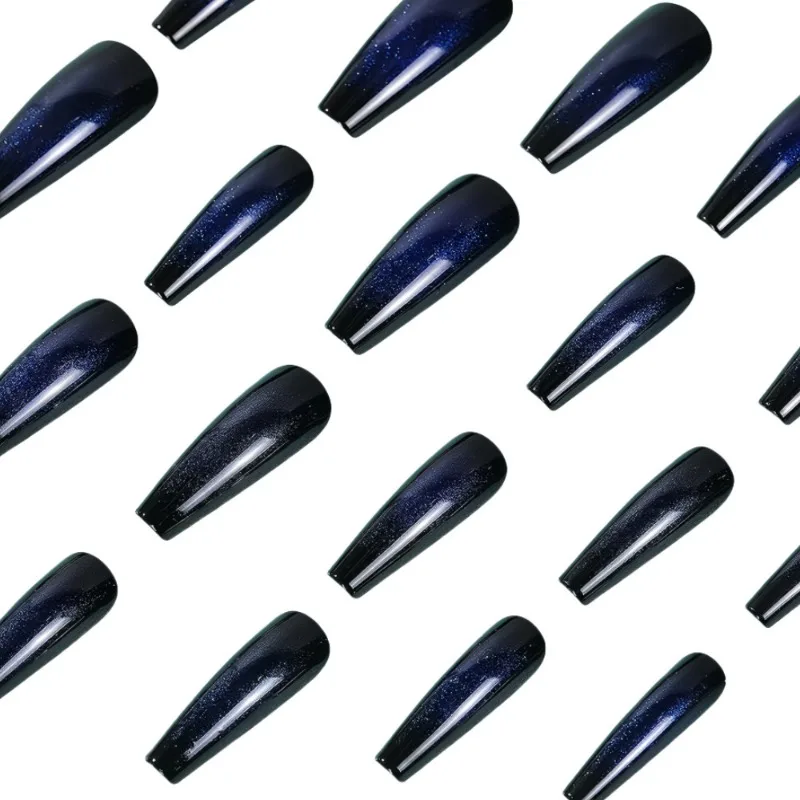 24 Stück künstliche Nägel, lang, für Damen, schwarz, blau, quadratische Nägel, künstliche Acryl-Fingernägel für Mädchen, selbstklebend, zum Aufdrücken der Nägel