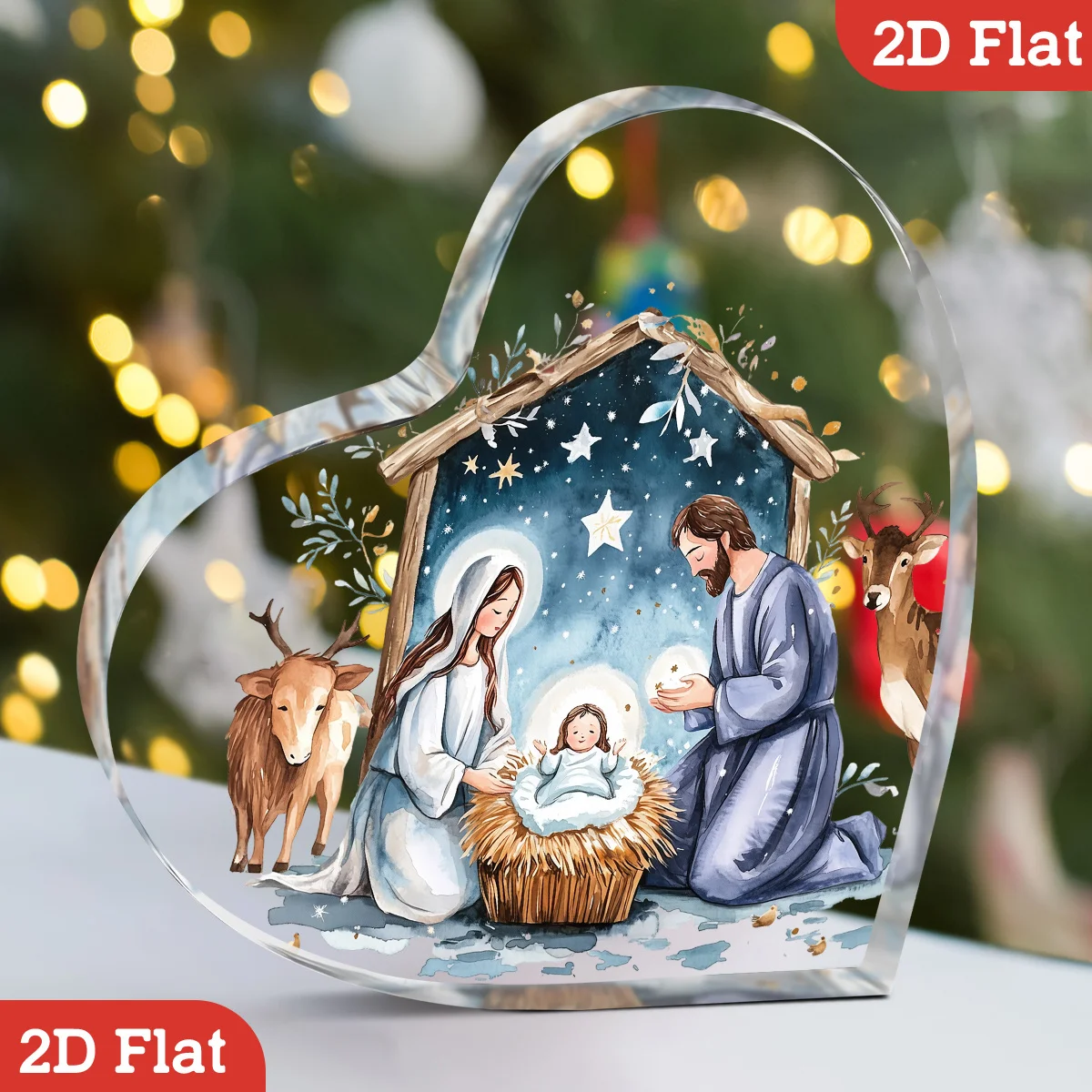 Nativity Scene Heart‑Shaped Acrylic Plaque, Holy Family Manger Christmas Table Decor