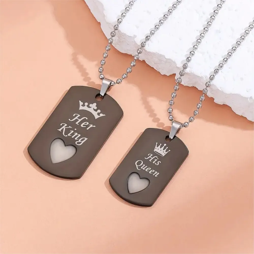 الفولاذ المقاوم للصدأ مضيئة الحب القلب لها الملك وله الملكة تاج قلادة قلادة للنساء زوجين قلادة مجوهرات هدايا