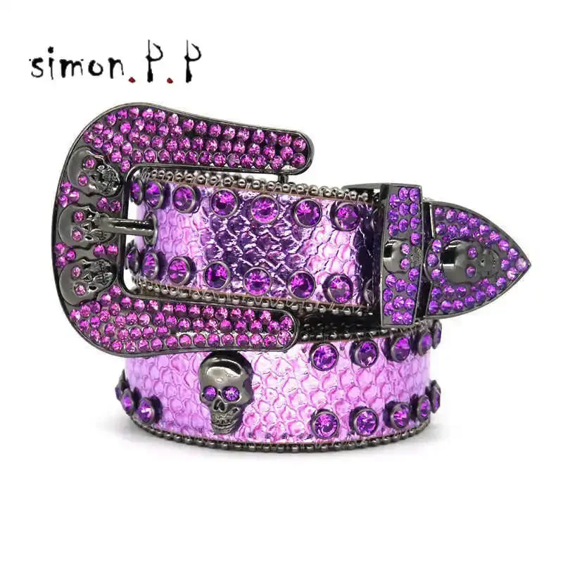 BIG SKULL  Shiny Diamond Leather Strap Western Belts Fashion Rhinestone Studded Belt for Women Men High Quality Cinto Waist