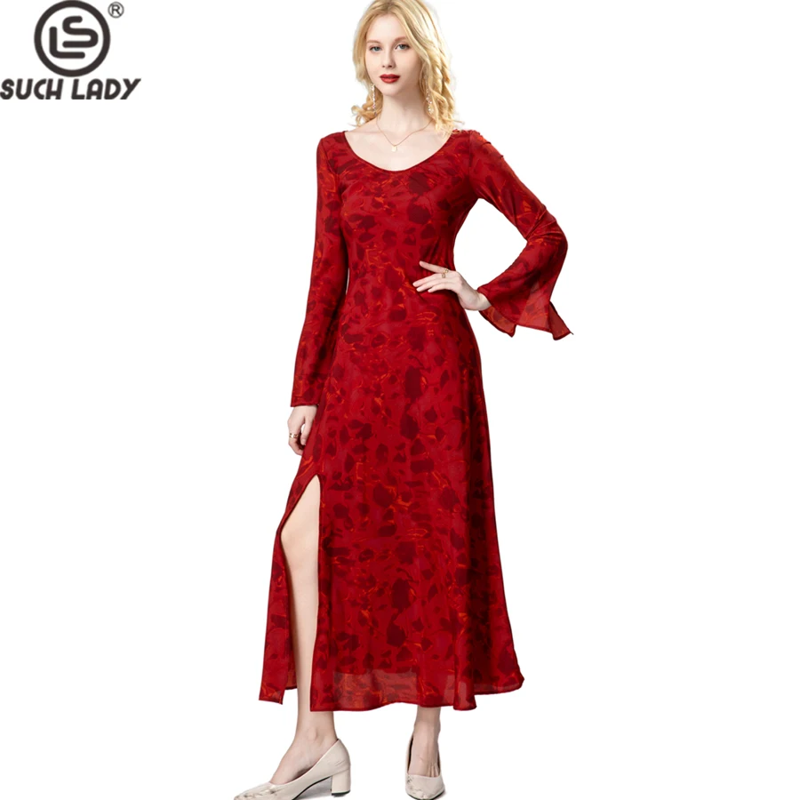 

Women's Dresses O Neck Long Sleeves Printed Sexy Split Elegant Fashion Casual Vestidos