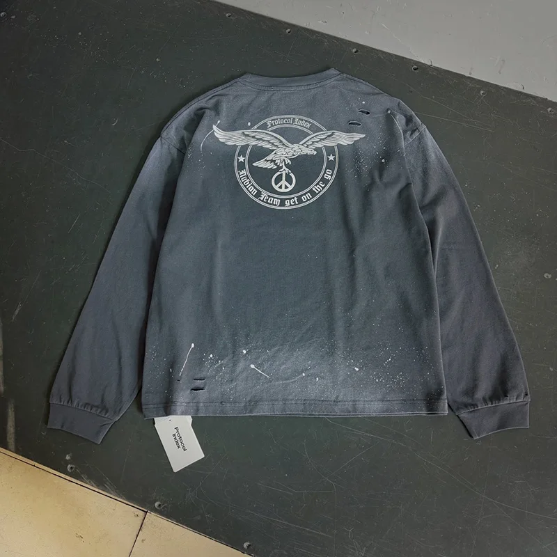 Classic Letters Logo Eagle Print Protocol Index Long Sleeve T-Shirt Men Women Streetwear Vintage Slate Blue Splash-Ink T Shirt