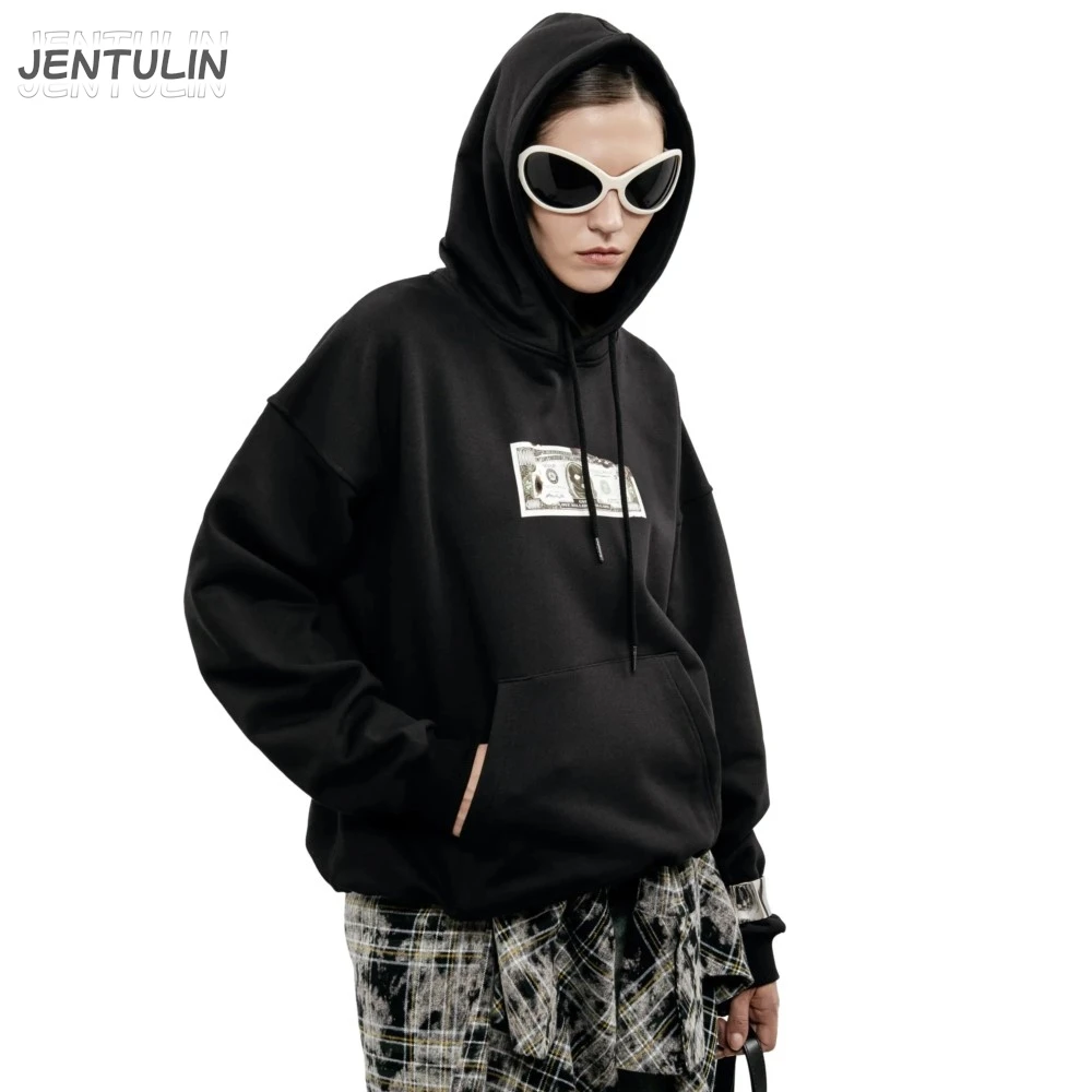 Harajuku Streetwear Oversized Men Hooded Pullover Dollar Graphic Print Hoodie Sweatshirt Hip Hop Aesthetic Top Goth Y2k Clothing