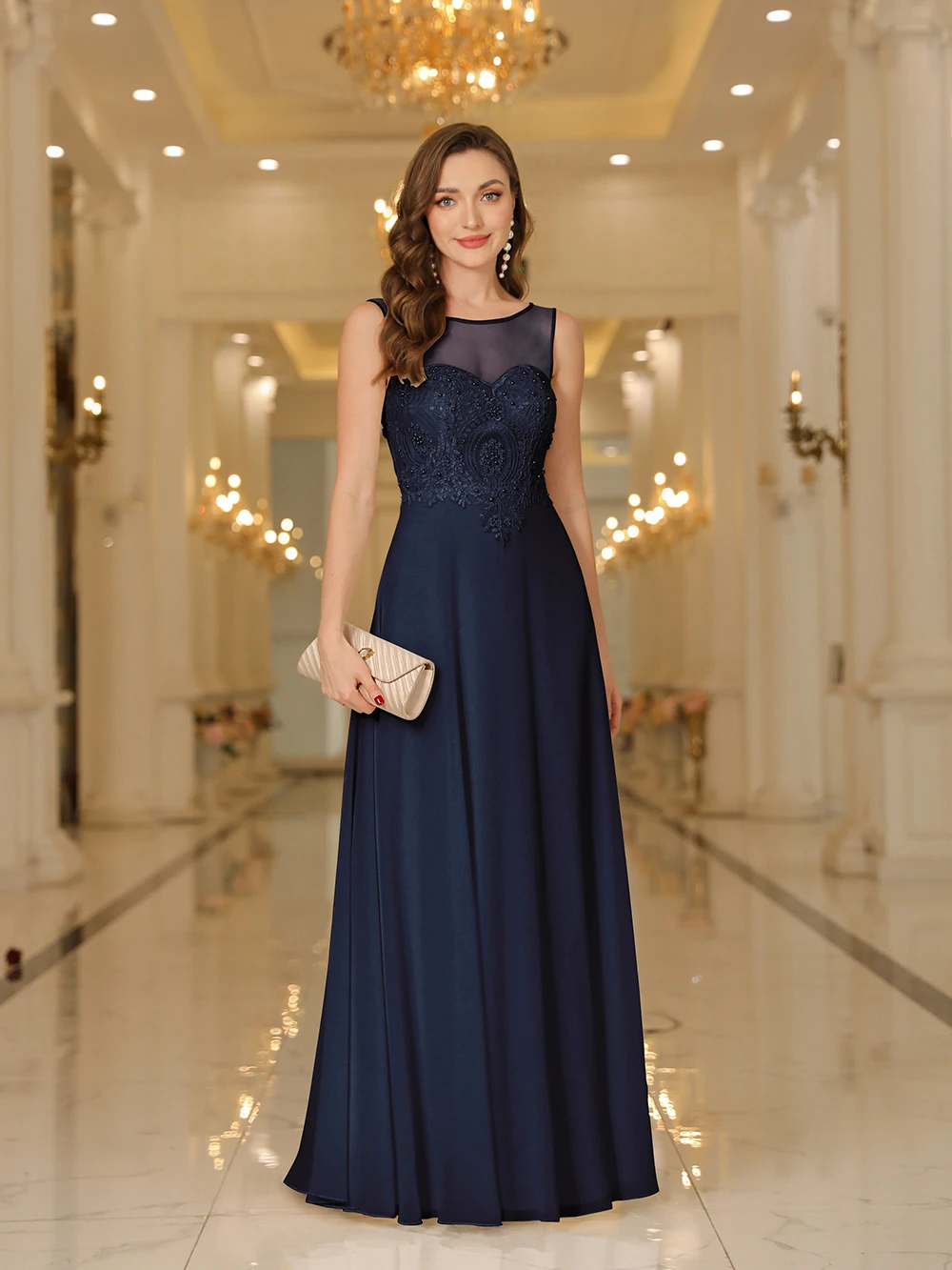 

Вечерние платья Шифоновые элегантные жемчужные кружевные аппликации Иллюзионный воротник Платье для выпускного без рукавов Вечерние платья Темно-синее платье