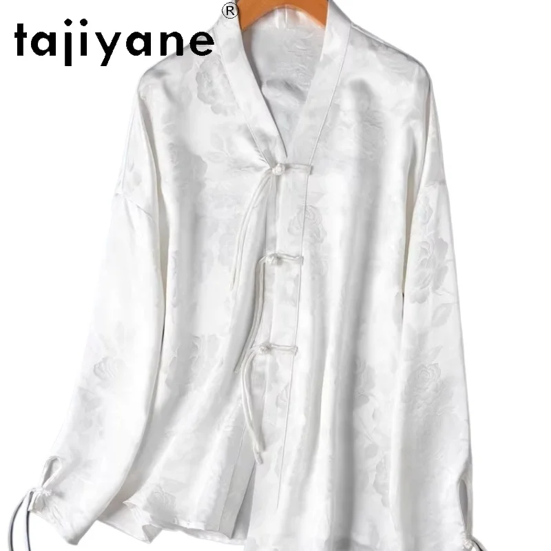 

TAJIYANE 100% Mulberry Silk Blouse Woman 32 Mommes New Chinese Style Shirt White Floral Jacquard Spring Tops 2026 Women Clothes