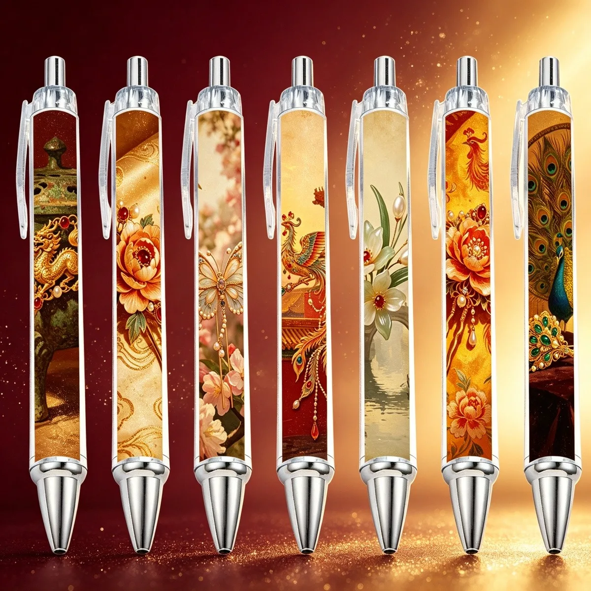 7/14 PCS Traditional Chinese Auspicious Headwear Beaded Hairpin Set for Round-Patterned Pens - Patterns are Random
