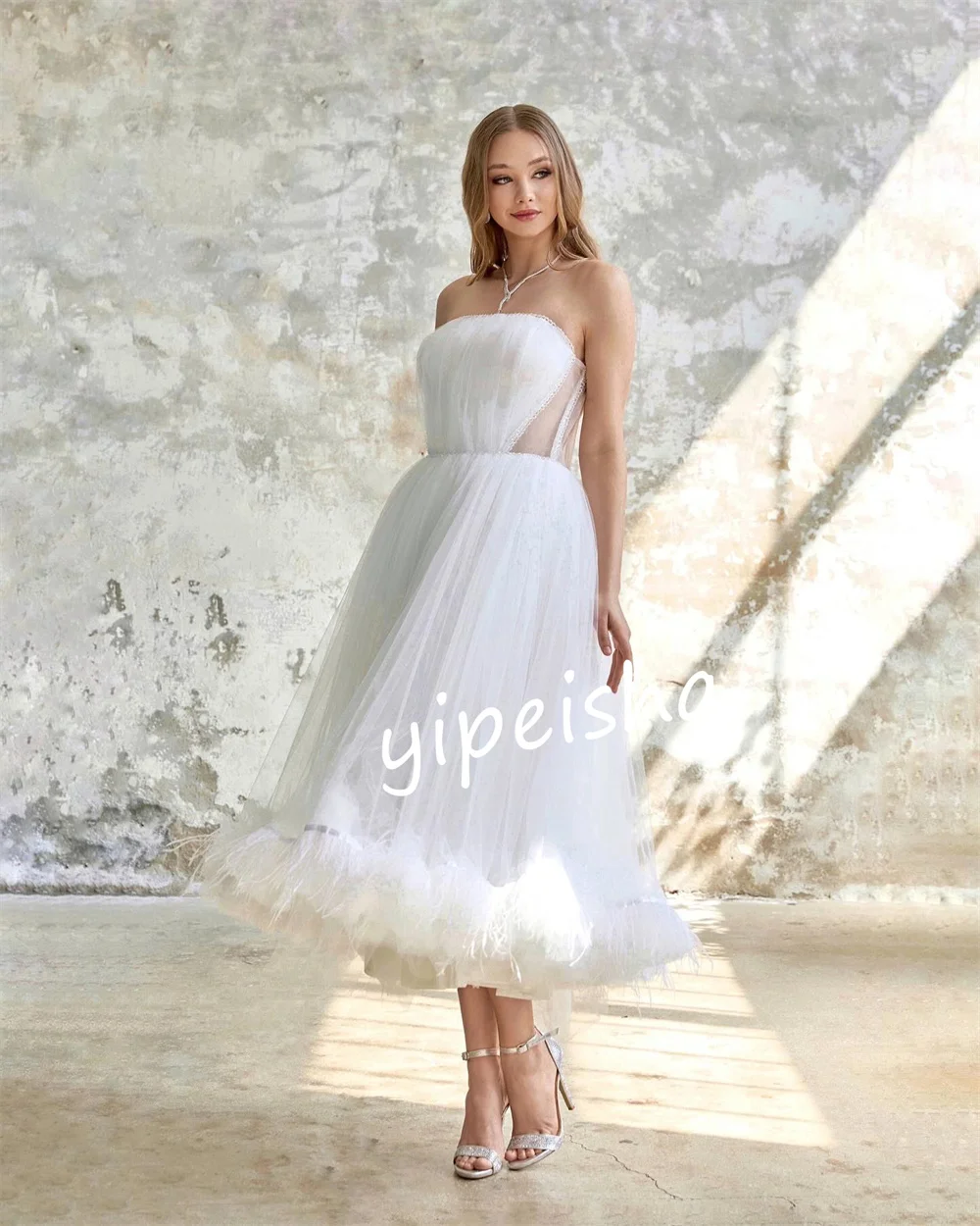 Robe trapèze sans bretelles en tulle, robes mi-longues, zone de plissage, sur mesure, occasion