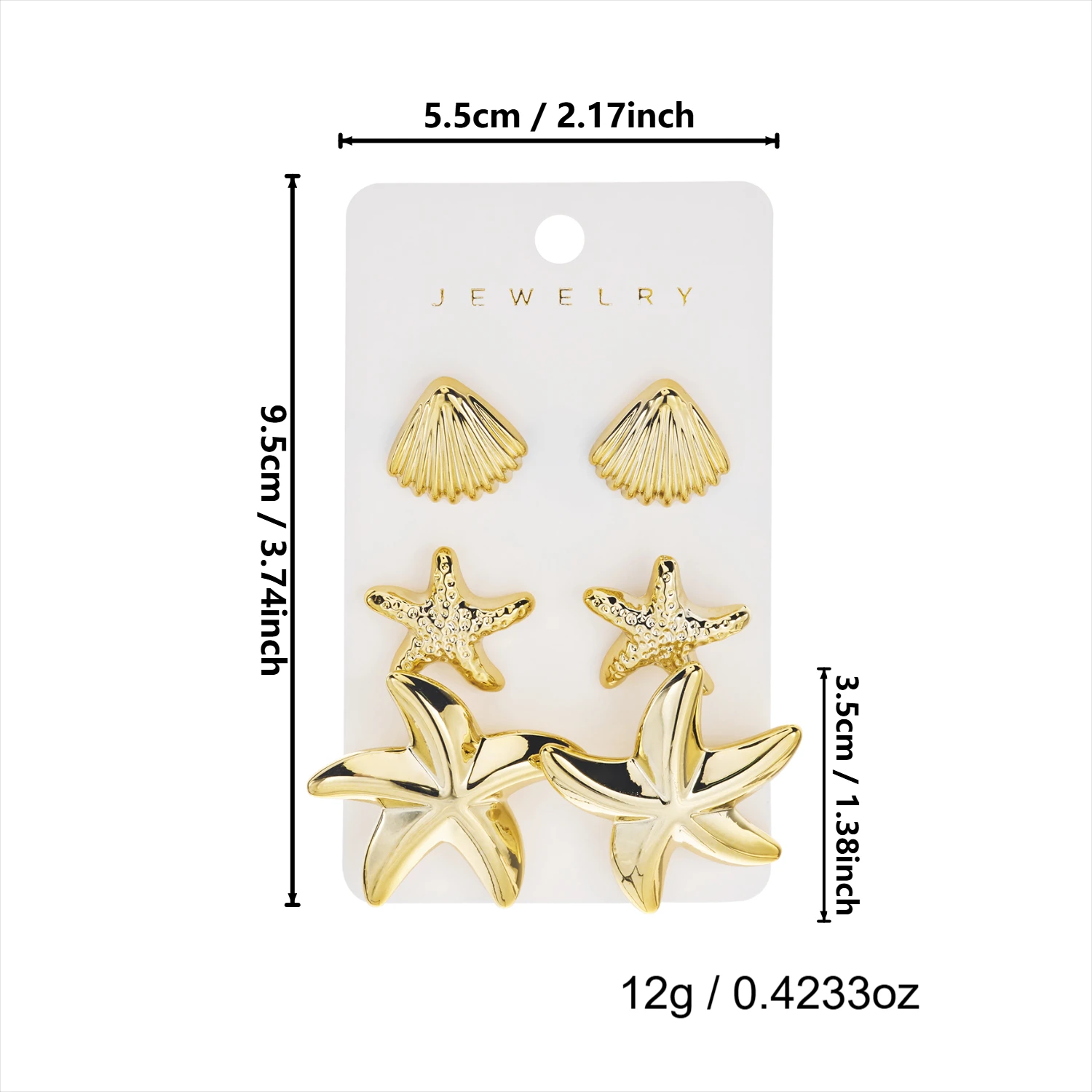 3 Pairs Gold Color Starfish Shell Stud Earrings Set for Women Fashion CCB Lightweight Star Earrings Boho Jewelry Accessories