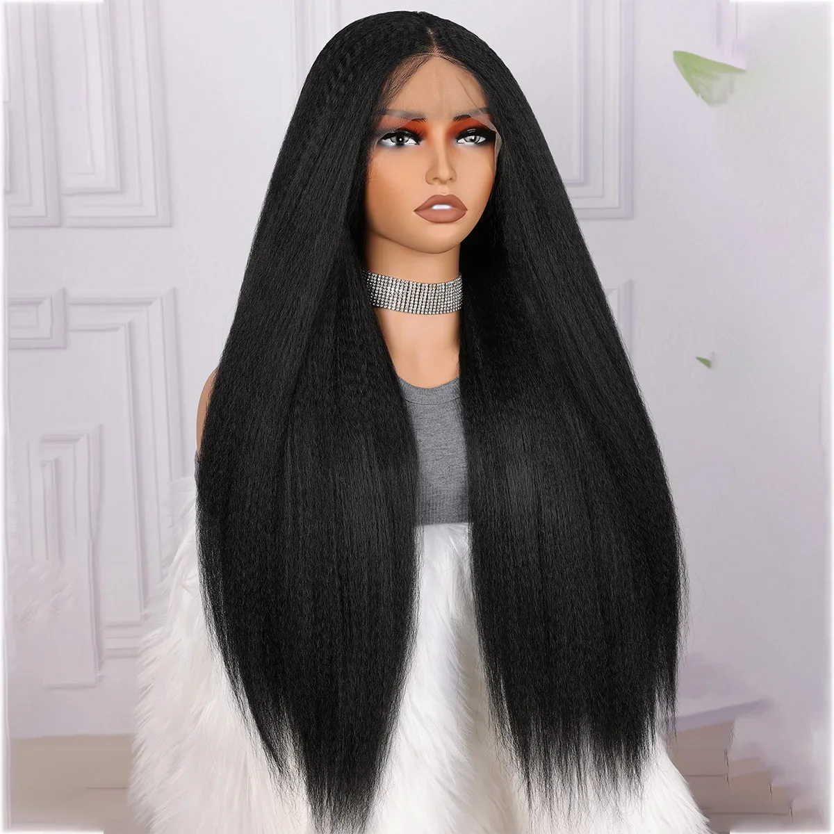 ロングヤキストレートブラック-26-インチ-180-密度グルーレス-13-4-レースフロントウィッグ女性用ベビーヘア合成プレプラッキング済み毎日使用可能