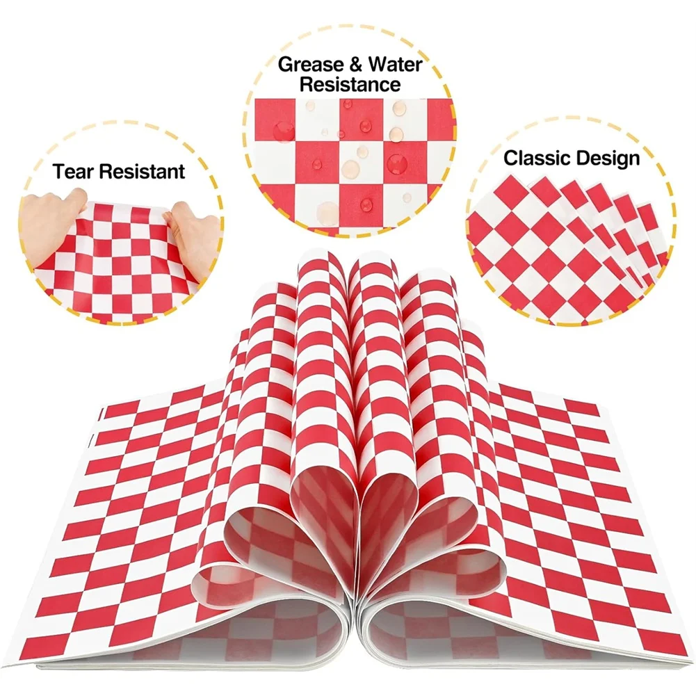 500 Sheets Sandwich Wrapping Paper, 12 X 12 Inches Red and White Checkered Paper Liners for Plastic Food Basket