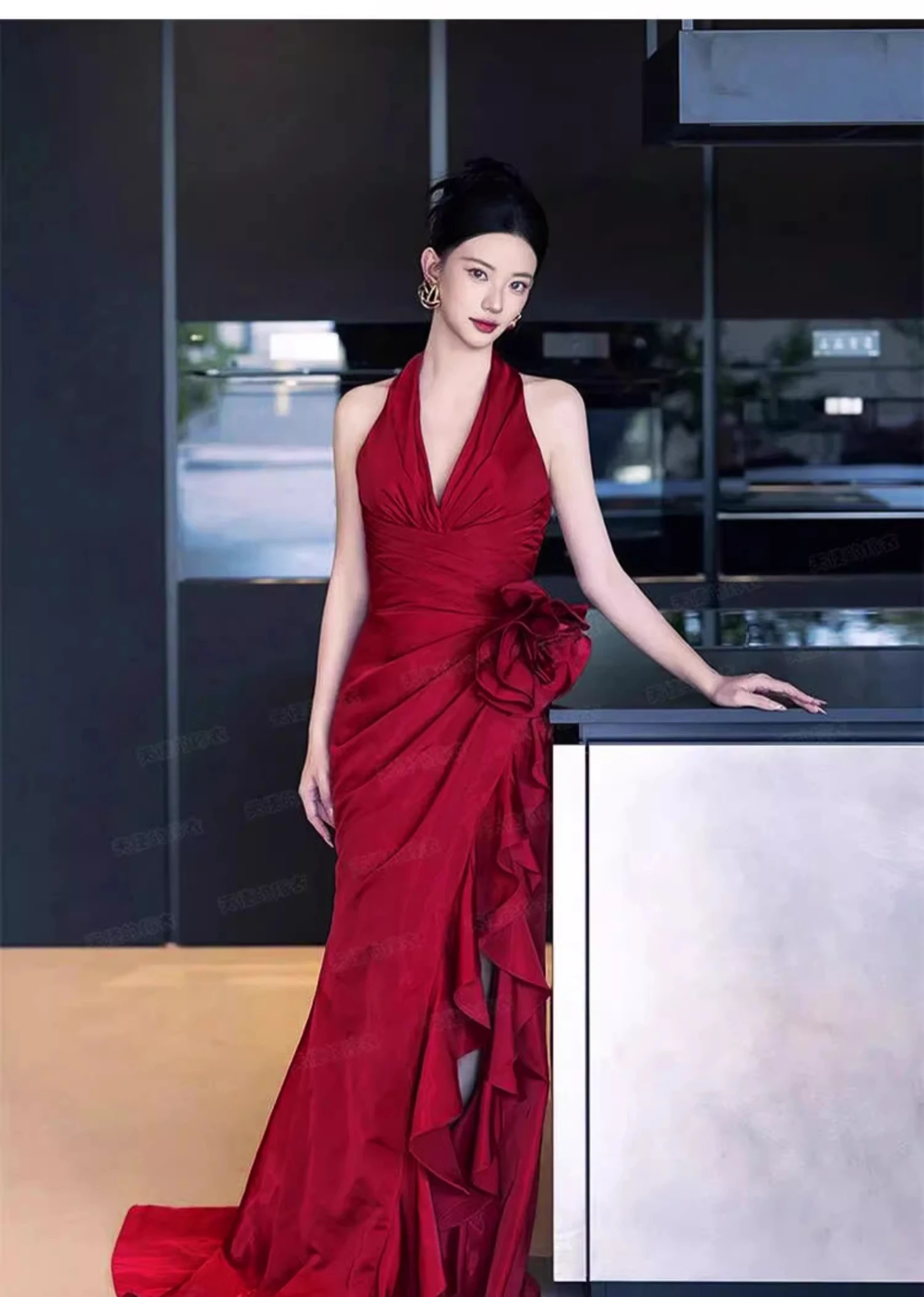 3XL Girl Birthday Elegant V-neck Romantic Backless Evening Dress Red Satin High Waist Split Irregular Trailing Fishtail Dresses