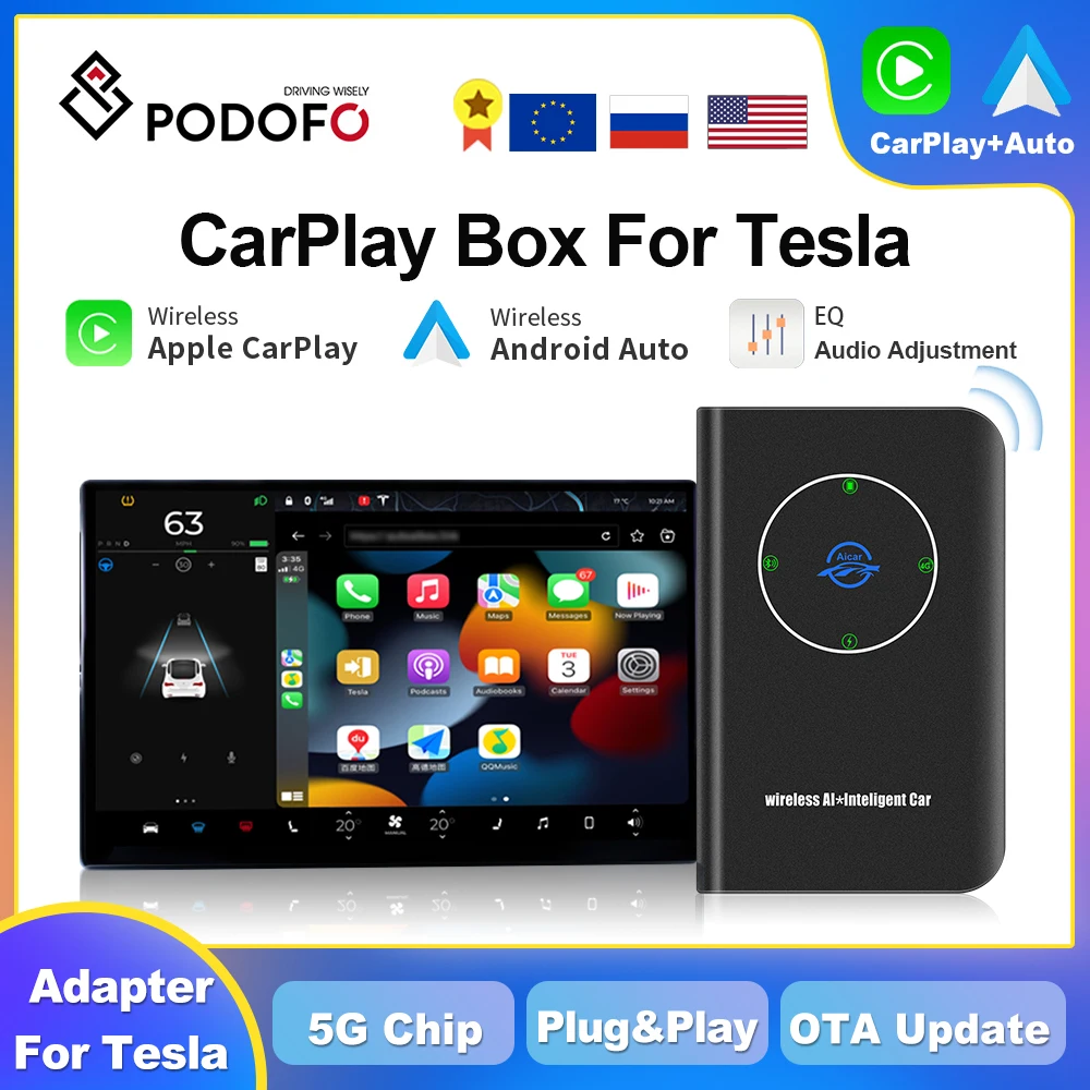 Podofo AI Box Wireless CarPlay Android Auto For Tesla Model 3 Model X Model Y CarPaly Adapter Voice Control Siri Spotify Waze