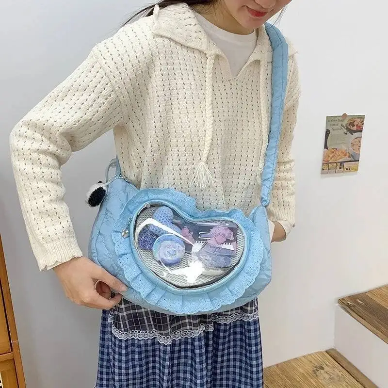 Transparent Heart Pleated Ita Bags Vintage All Match Women Casual Crossbody Bag Fashion Sweet Y2k Aesthetic Shoulder Handbags