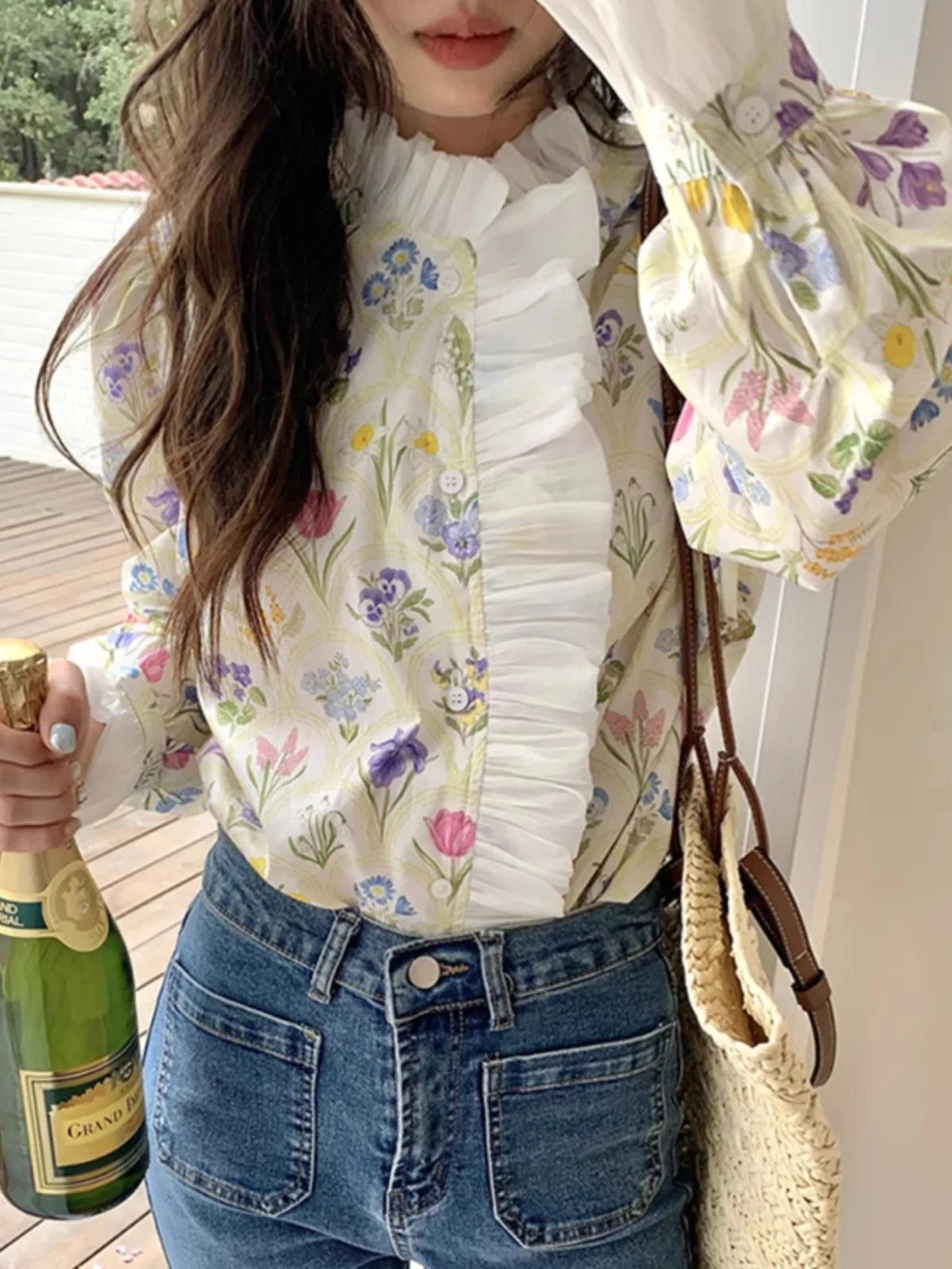 

Романтический шикарный женский топ с высоким воротником Bell Sve irt и принтом, осенний топ с цветочным узором, свободный крой, длинный...