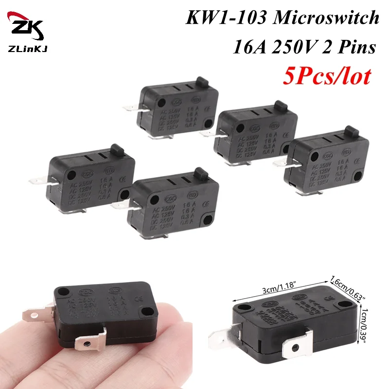 (ZYDD01) 5Pcs KW1-103 Microwave Oven Door Micro Switch 16A 250V 2 Pins Fit For Microwave Washing Machine (Normally Close)