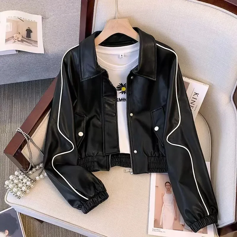 High-end PU leather Jacket Women's 2025 Spring Autumn New Loose Fashion versatile Motorcycle Leather Jacket Female Short Top