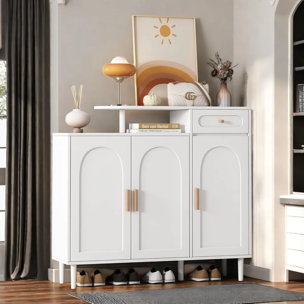 

Shoe Cabinet,Cream Style Shoe Storage Cabinet with 3 Doors and Drawer,Hidden Shoe Rack Storage Cabinet with Adjustable Shelves