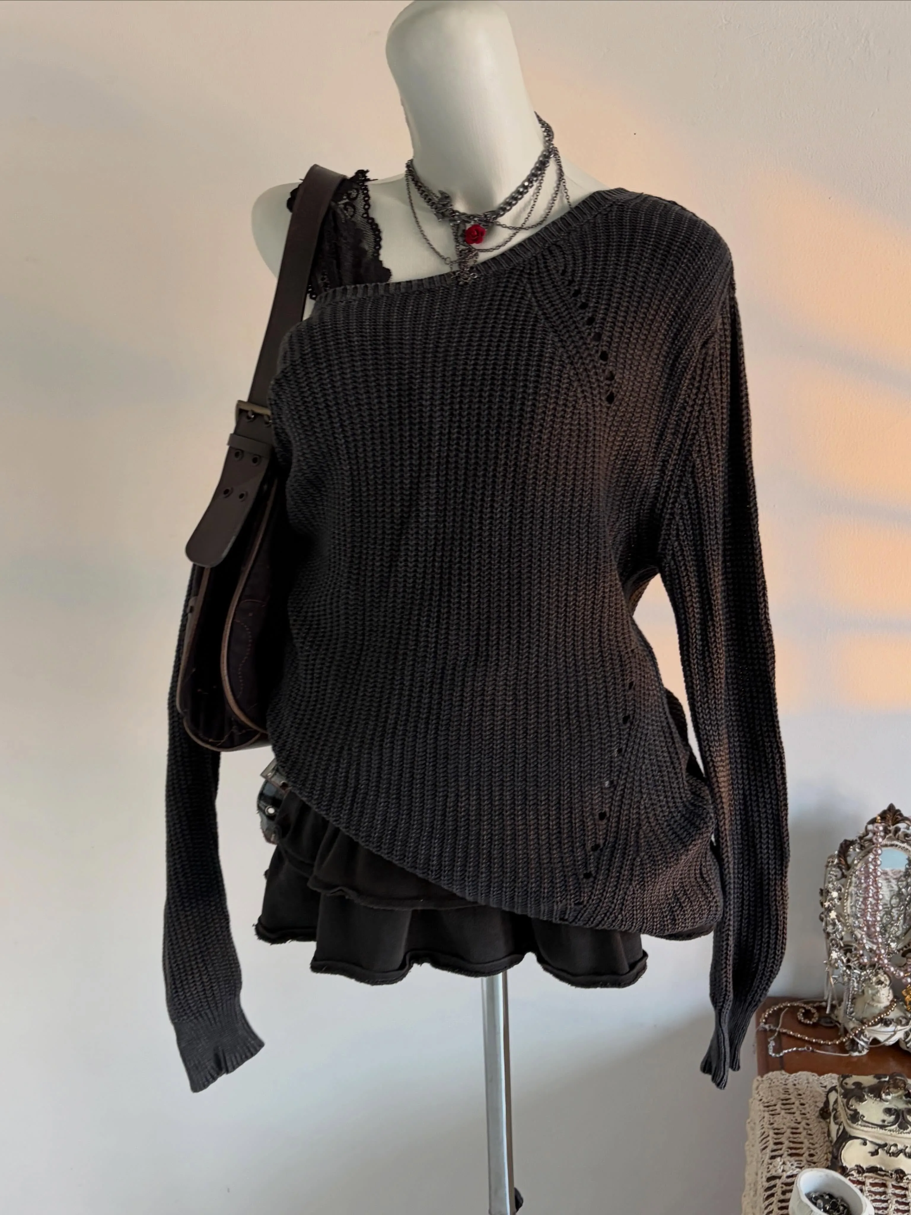 Grunge Alt Women Dark Washed Slanted Shoulder Knitted Sweater Hollow Out Loose Long Sleeve Y2K Irregular Pullover