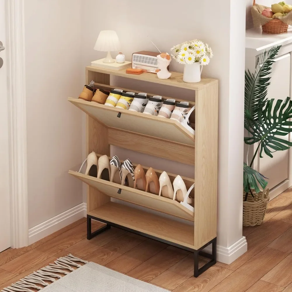 

Shoe Storage Cabinet with 2 Flip Drawers, Wood Shoe Cabinet Storage for Entryway, Hidden Narrow Shoe Cabinet Rack, Freestanding