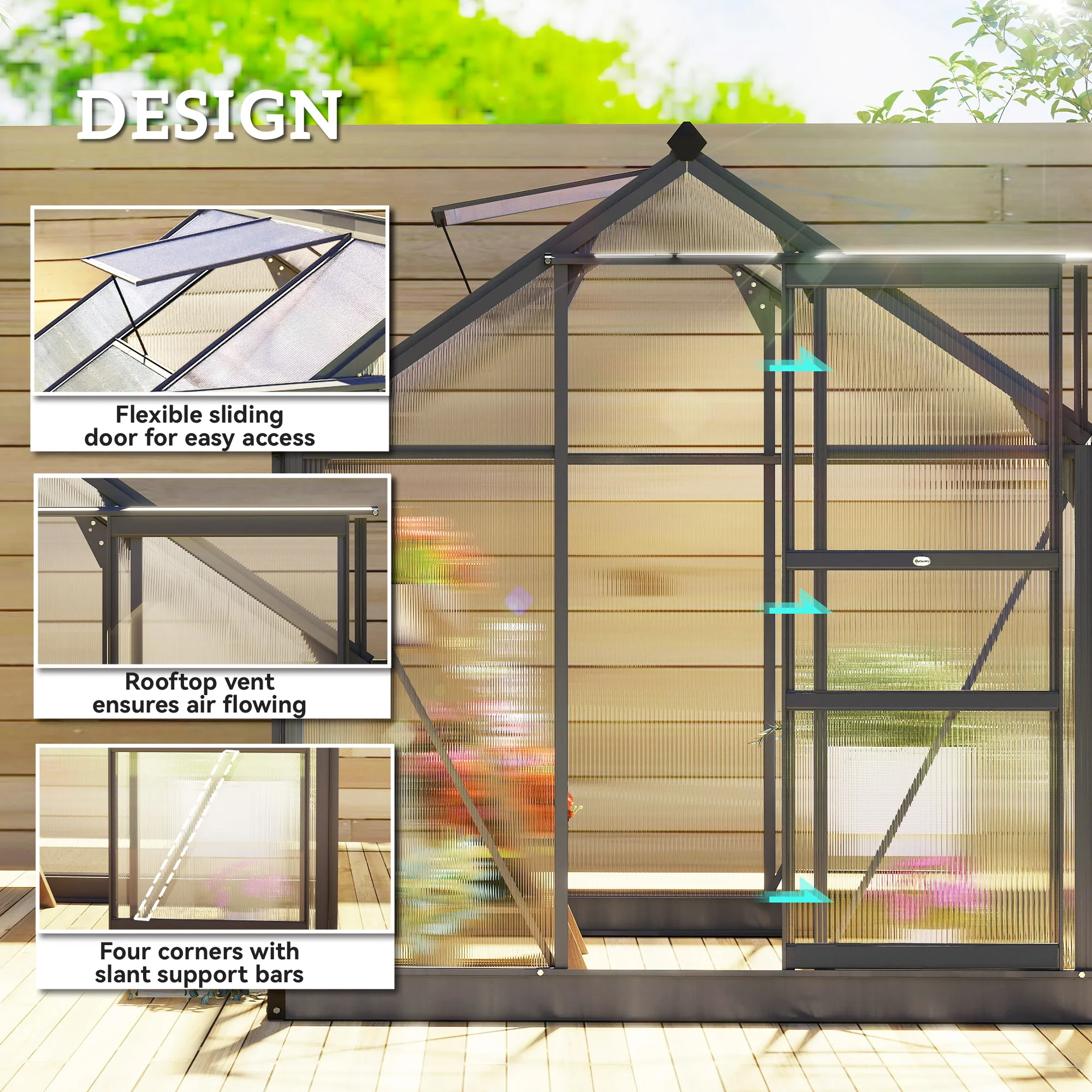 Outsunny 6 x 6ft Polycarbonate Greenhouse, Large Walk-In Green House with Slide Door and Window, Grey