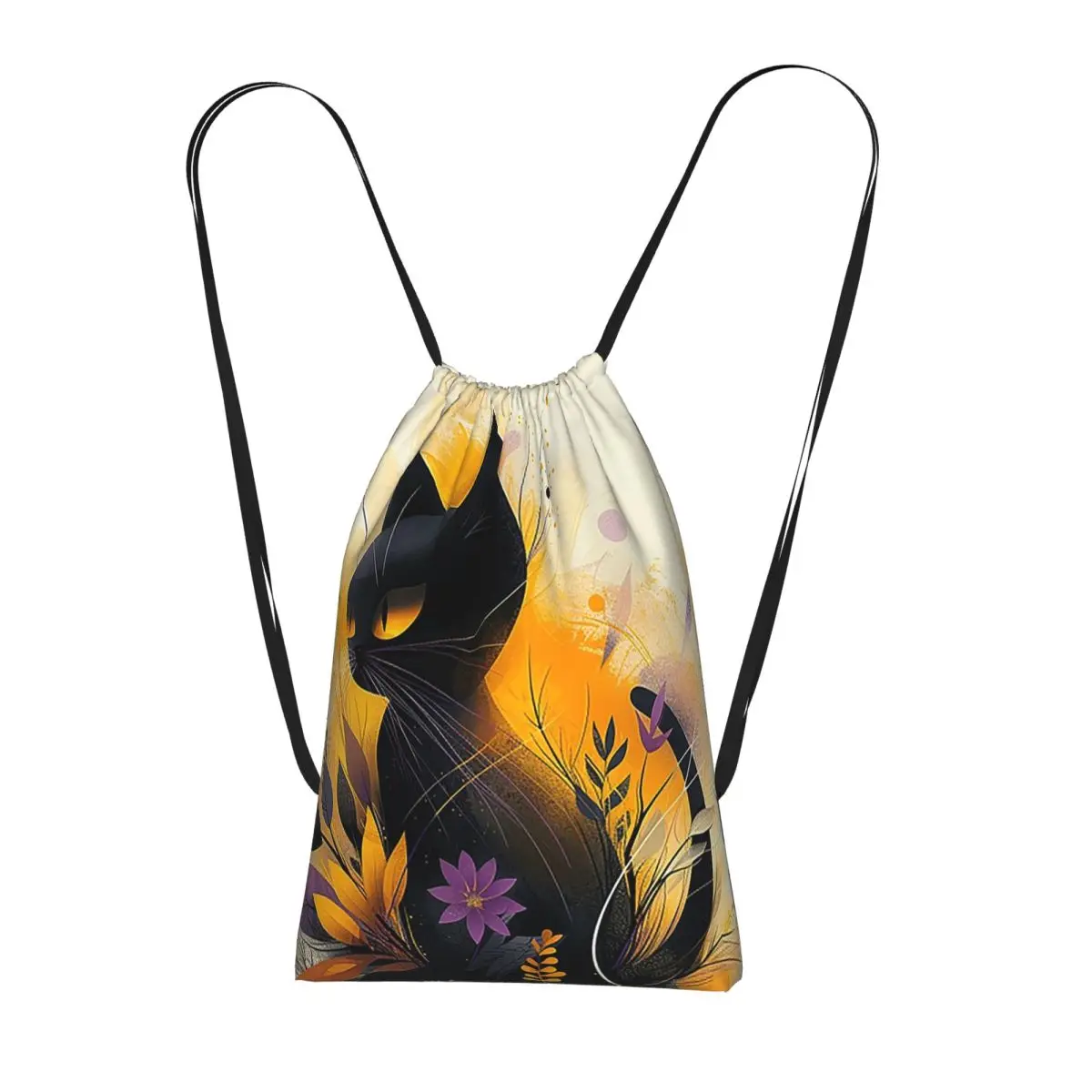 Black Cat With Flowers On Yellow Background Backpacks Multi-function Drawstring Bags Sundries Bag Book Bags for Travel Students