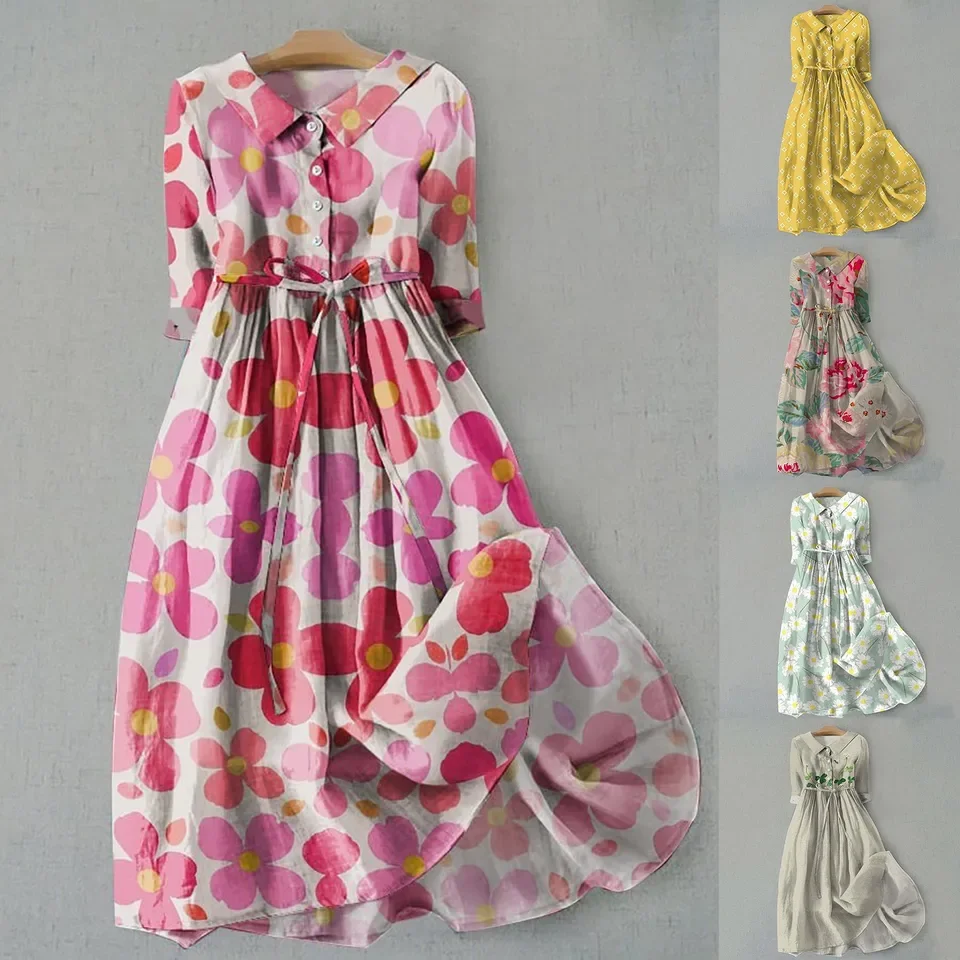 Women Korean Lace Up Waist Dresses Summer Half Sleeve Trendy A Line Shirt Midi Dress Ladies Elegant Vintage Flower Tunic Dresses