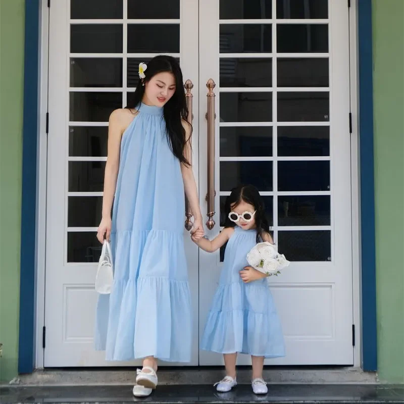 Mother and Daughter Beach Clothes Equal Vacation Mom Baby Girls Matching Blue Sleeveless Dresses Parent-child Dress for Women