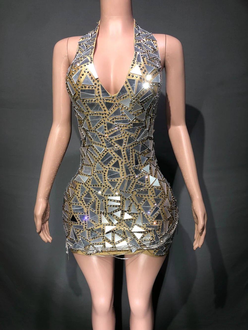 Vestido sem costas com decote V profundo feminino com strass, cabresto sexy, festa noturna, baile, aniversário, cantora, show de palco, mulheres