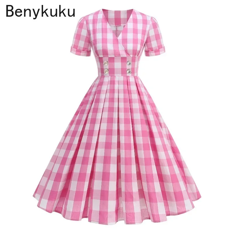 

Pink Plaid Button Front 50s Vintage Pleated Dresses Women Clothing Elegant V Neck Short Sleeve High Waist Party Long Dress 2024