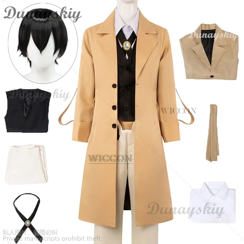 Anime Dazai Osamu Cosplay BSD Costume Man And Woman Khaki Trench Coat Uniform Suits Unisex Black Wig Roleplaying Cos Halloween