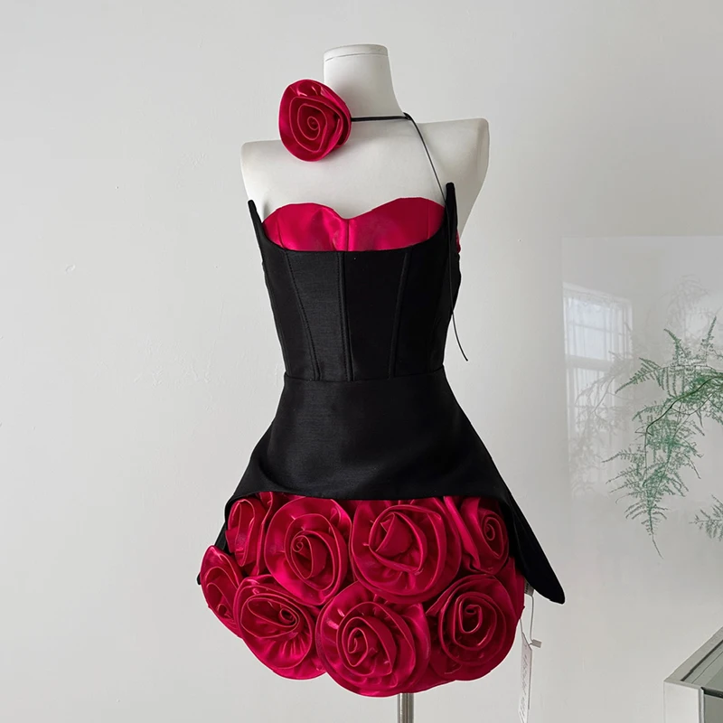 

Women's Sweet Slash Neck Sleeveless Slim Waist Short Mini Dress French Retro 3D Rose Birthday Dress Spicy Girl Floral Bud Dress