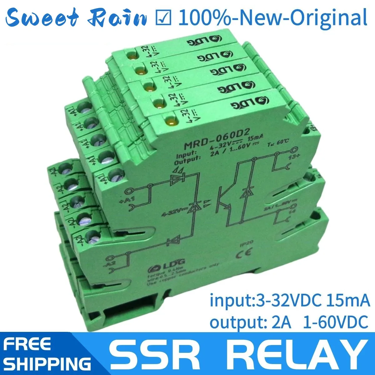 5PCS MRD-060D2 Innovative LED Indication 2A Input: 5V 12V 24V DC SSR Solid Sate Relay Interface DIN Rail Relay Module Switch