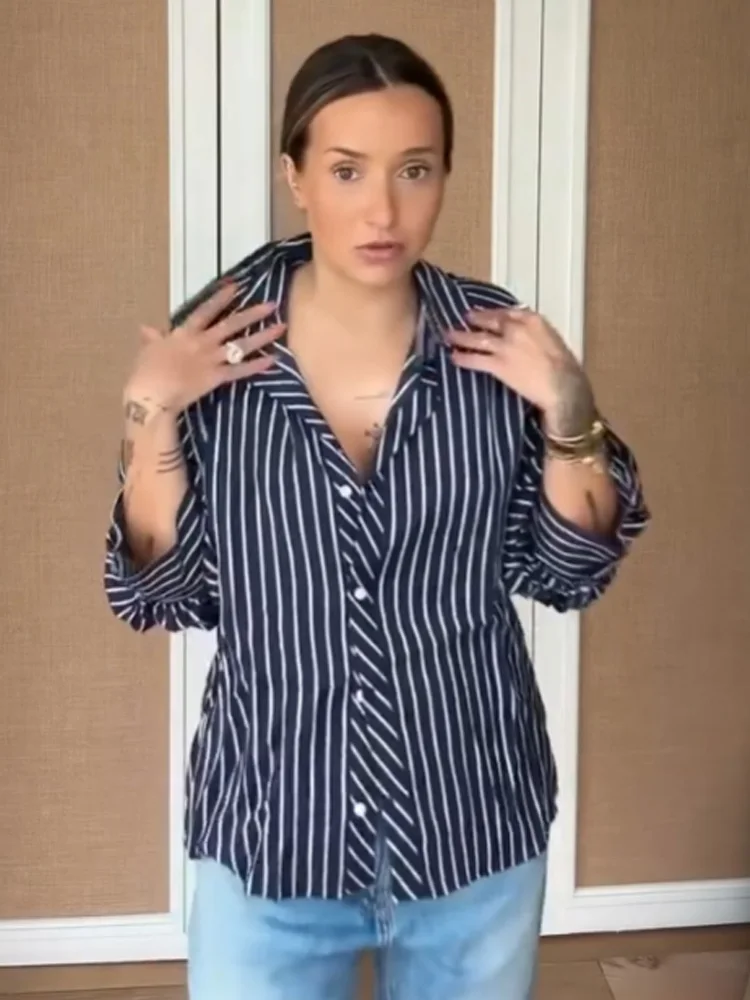 

HH Women Elegant Turn-down Collar Shirt Bubble Sleeve Single Breasted Female Spring Casual Loose Versatile Striped Poplin Blouse