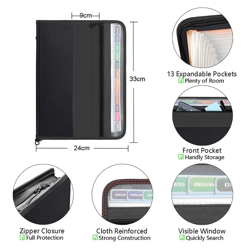 2X 13 Pockets Expanding File Folder A4 Plastic Document Wallet Organizer For Personal Office Stationary Storage(Black)