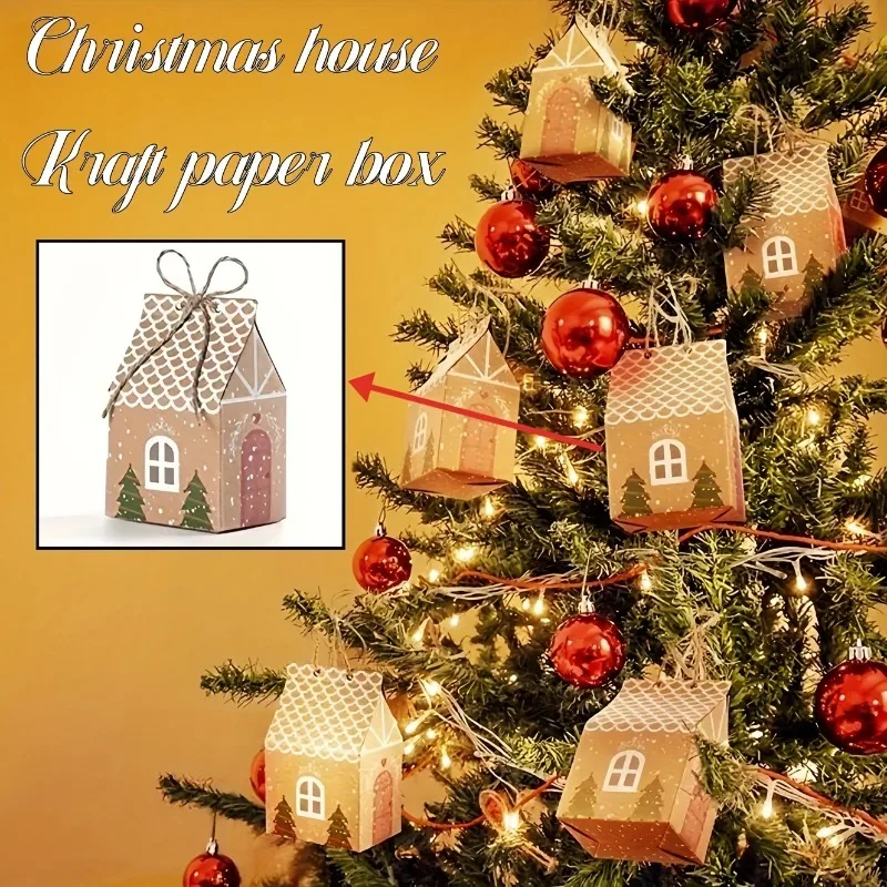 10/50pcs Christmas Gift Bags Kraft Paper Party Favor Boxes House Shape Treats Packaging Set for Xmas Wedding Festival Decoration