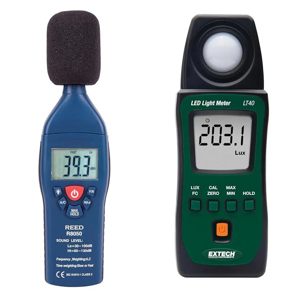 Range Sound Level Meter and Extech LT40 LED Light Meter Bundle