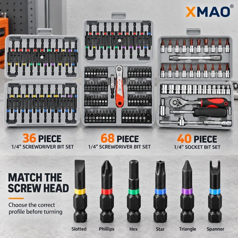 XMAO 36-Piece Screwdriver Bit Set, 1/4 Inch Hex Shank Long Bits with Phillips Slotted Star Hex Triangle Tips and Storage Case