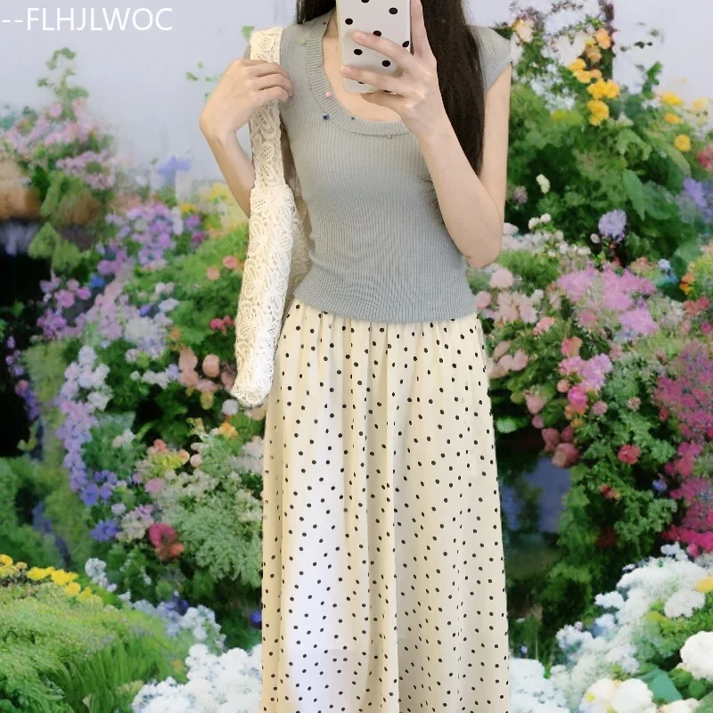 

Dot Skirts Long Cute Sweet Japan Girls Y2K New Design Women 2025 Autumn Retro Vintage High Waist Retro Vintage Black Skirt