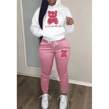 2024 Mooie Beer Briefprint Kangoeroe Pocket Trainingspak Set Hoodiedrawstring Broek Met Lange Mouwen Dames Tweedelige Pakken