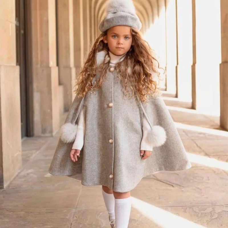 Winter Girls\' Wool Cape Fox Fur Collar Cloak Coat Children\'s Princess Baby New Years Woolen Shawl Christmas Clothes for Girls