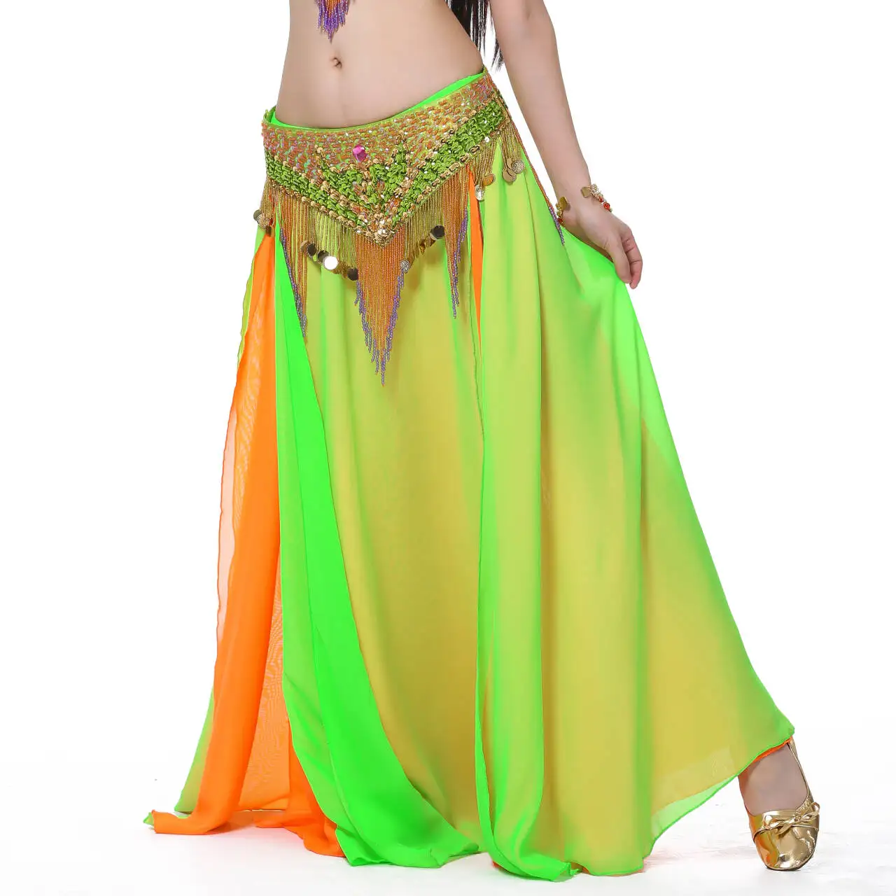 2 Layers Dancewear Double Colors Women Belly Dance Clothing Side Split Full Circle Long Skirt Chiffon Bellydance Skirt