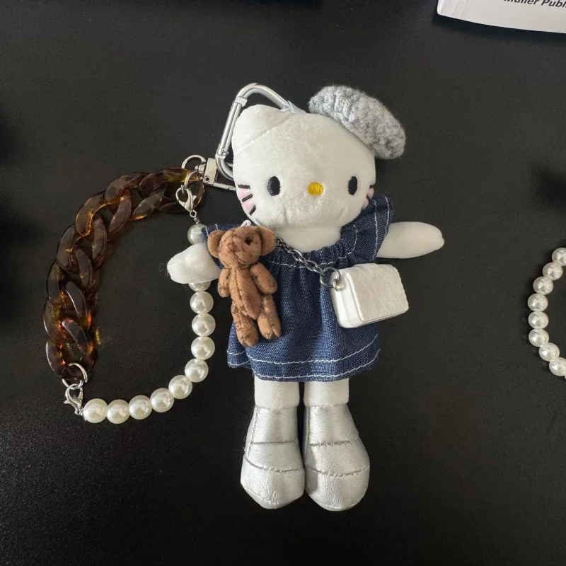 Gorący breloczek do kluczy z pluszową lalką Hello Kitty w panterkę, długie nogi, kawaii, czarna skóra, kot Kt, prezent urodzinowy, puszysta zabawka, zawieszka