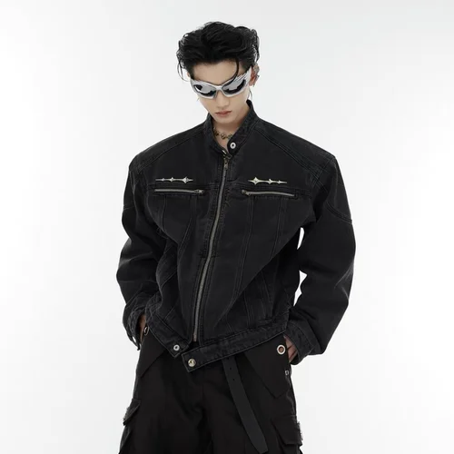 메탈 디자인 재킷 청춘 패션 가을 루즈핏 메탈 장식 오래된 스타일 데님 재킷 짧은 스타일 무넥 재킷 재킷 재킷 재킷